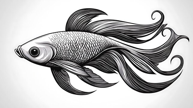 Simple outline of a swimming fish, its fins flowing gracefully, minimalist line art on a white background, fine lines emphasizing elegance and fluid movement, hd quality, clean composition,