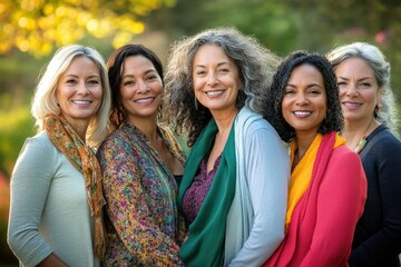 Five diverse women are standing together in a park, enjoying the fall colors