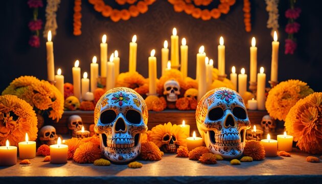 A festive Day of the Dead celebration in Mexico, with altars decorated with marigolds, sugar skulls, and candles honoring departed loved ones, Generative AI