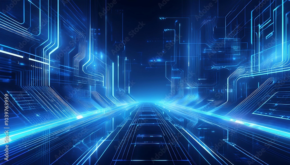 Poster abstract glowing blue lines form a futuristic digital tunnel.