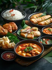 Assortment of thai dishes with curry as centerpiece on table