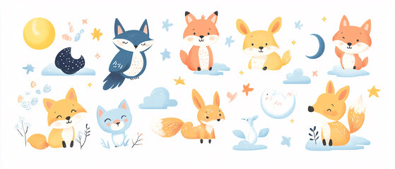 Cute Fox, Owl, and Cat Illustration for Kids Nursery Decor