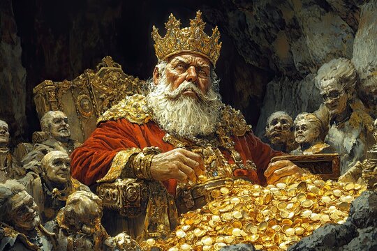 Midas king, surrounded by golden objects, his face etched with despair as he realizes the curse of turning everything he touches into gold. caricature illustration