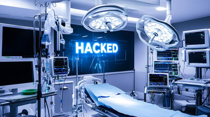 high-tech operating room with a large monitor displaying "HACKED," surrounded by surgical lights and equipment, highlighting cybersecurity threats in medical environments.