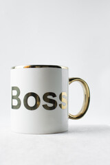 Large white boss mug on a marble tray, white coffee cup, white mug gift for the boss
