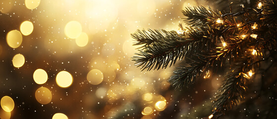 Fototapeta premium Sparkling Christmas Tree Branch with Golden Bokeh Lights