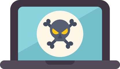 Laptop is displaying a skull and crossbones, indicating a cyber threat or system error