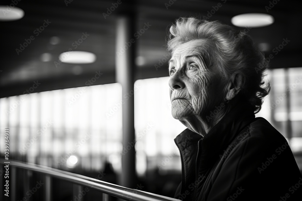 Sticker Portrait of an elderly woman at the airport. Black and white.