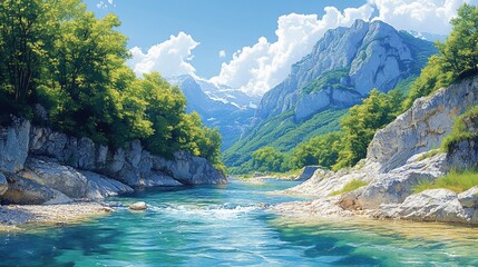 A serene river flows through a lush valley surrounded by majestic mountains and a clear sky.