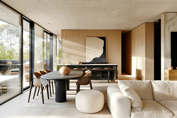 Minimalist, japandi style interior design of modern living room. Dining table and brown chairs in luxury room with wooden paneling walls and panoramic windows.
