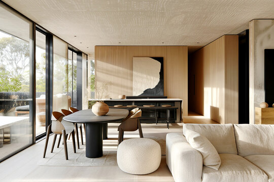 Minimalist, japandi style interior design of modern living room. Dining table and brown chairs in luxury room with wooden paneling walls and panoramic windows.