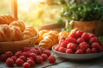 Fresh raspberries and golden croissants laid out on a rustic wooden table in soft morning light