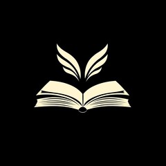 An open book with wings above it on a black background.