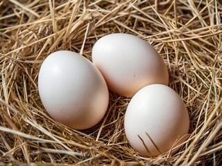White chicken eggs arranged in a nest of straw grass.