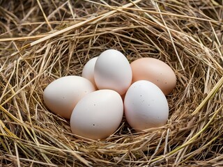 White chicken eggs arranged in a nest of straw grass.