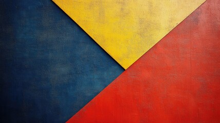 Abstract geometric composition with yellow, red, and blue triangles on textured surface