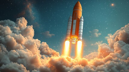 A rocket launches into a starry sky, surrounded by clouds and fiery exhaust.