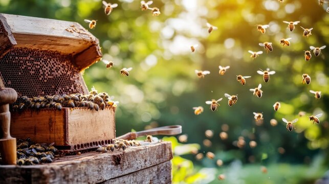 An atmospheric beekeeping apiary with tools for honey extraction, Apiarist's hive management style, photo of - Powered by Adobe