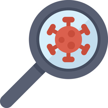 This vector illustration shows a magnifying glass focusing on a virus, representing virus research