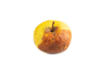 Decaying, Rotting apples isolated on white. Side view, copy space