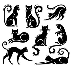 Silhouettes of black graceful cats Figures of cats isolated on a white background.