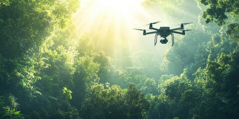 Naklejka premium A drone replanting trees in a recovering forest, with sunlight breaking through the canopy