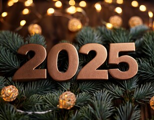 New 2025 year rose gold numbers on a bed of pine branches with blurred light background