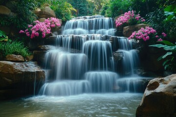 Naklejka premium Mundang Waterfall with Pink Snapdragon in Thailands National Park
