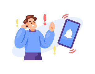 illustration of a man who is disturbed by the sound and vibration of a smartphone. disturbed by a cellphone alarm. rejecting and not liking to use a cellphone. flat style character design. elements