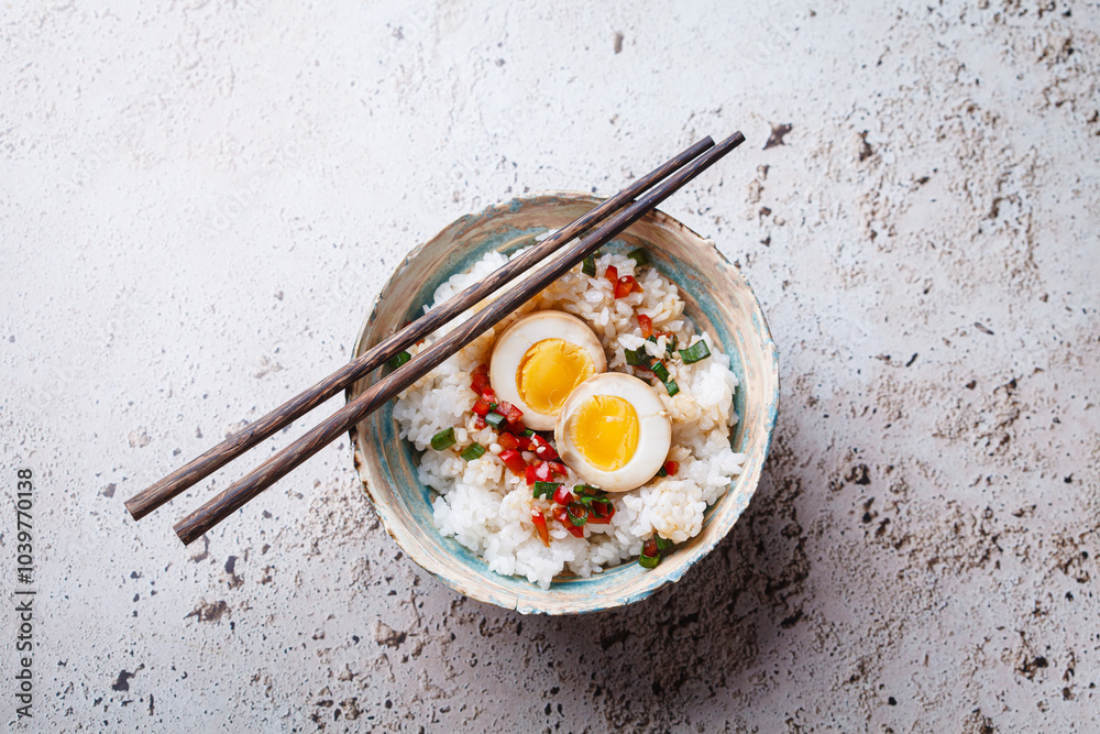 Canvas Prints Korean marinated eggs in soy sauce with rice.