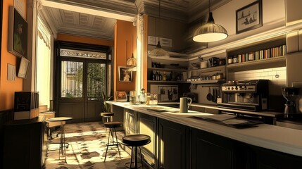 Bar counter in the kitchen. At home, working over a cup of coffee in the evening after a demanding day. office at home.
