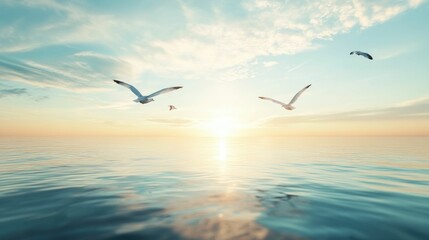 Fototapeta premium Graceful seagulls in flight over a calm reflective ocean at the golden hour of sunrise or sunset Minimal coastal landscape with a serene dreamlike atmosphere