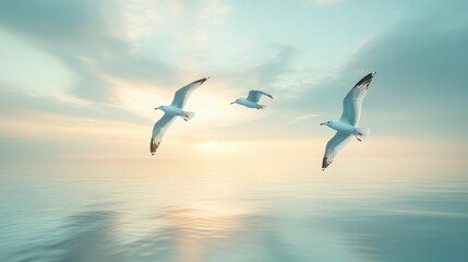 Obraz premium Graceful Seagulls Soaring in the Sky over a Calm Reflective Ocean Backdrop with Soothing Pastel Coastal Tones and Ethereal Lighting