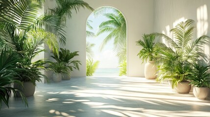Fototapeta premium Serene Tropical Retreat Design with Lush Greenery Clean White Architecture Minimal Shadows and Bright Coastal Ambiance