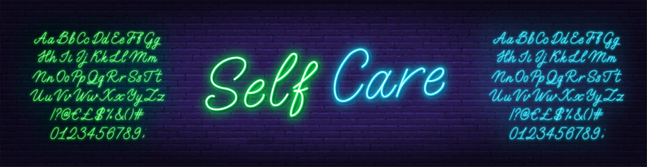 Self Care Neon Sign on brick wall background. Template for text with blue and green neon alphabet.