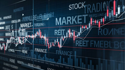 Obraz premium A dynamic digital display showing stock market trends, graphs, and trading terms, illustrating financial data analysis and investment patterns.