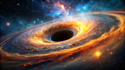 A stunning cosmic depiction of a black hole surrounded by vibrant galaxy colors and swirling stars.