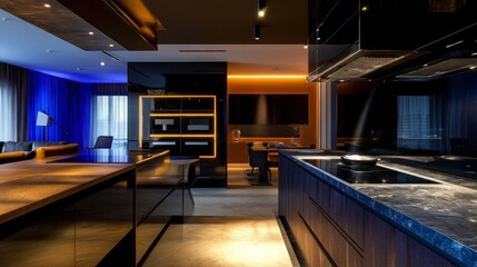 Elegant, opulent kitchen interior in a large, contemporary apartment with dark hues, cutting-edge LED lighting, and a cooking island
