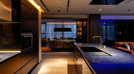 Elegant, opulent kitchen interior in a large, contemporary apartment with dark hues, cutting-edge LED lighting, and a cooking island
