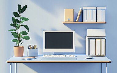 A simple office setup: a desk, a chair, and a white computer. The scene is rendered in 3D, with a blue background, Generative Ai
