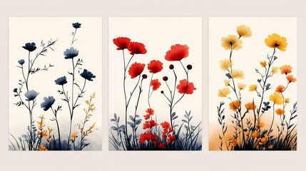 Three floral illustrations featuring vibrant flowers in varying colors and styles.
