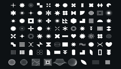Big retro vintage color set geometric shapes black background. Trendy abstract minimalist figures, stars, flowers, circles. Modern abstract graphic elements. Brutalist geometric shapes.