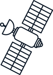 Vector illustration of space satellite in linear style. Science, discovery, and space symbol. Astronomy and communication element. Radio telecommunication symbol. Mobile transmission and reception. Th