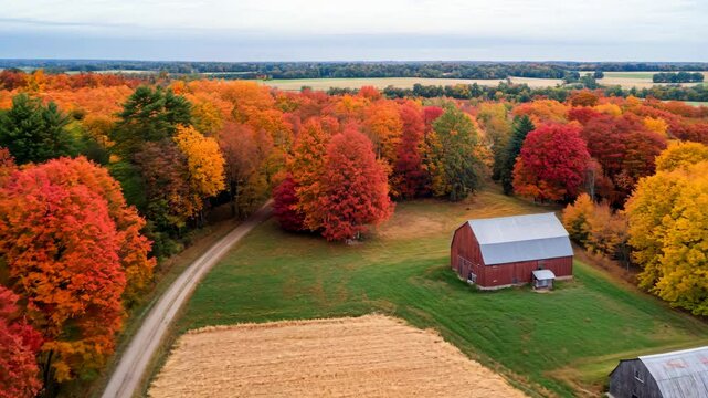 A farm with a barn and a road in the background
