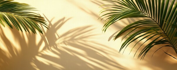 Tropical palm leaves casting soft minimalist shadows on warm beach textures with a serene glowing summer ambiance  Peaceful natural lighting play and design