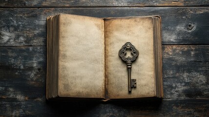 Antique key lies on open worn-out book rustic wooden table