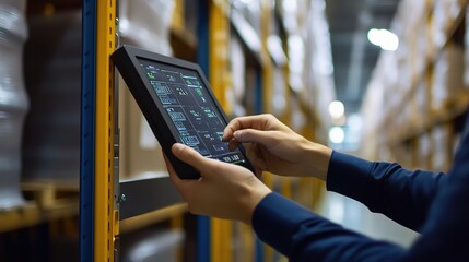 Hands Using Digital Screen in Modern Warehouse Setting