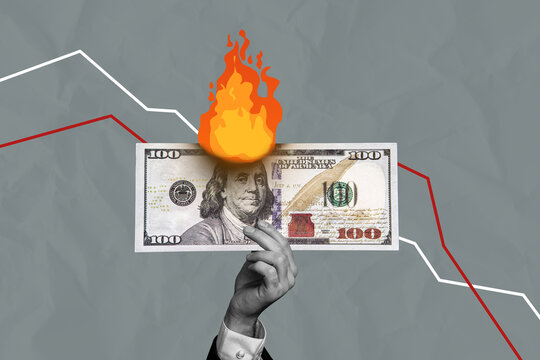 Composite trend artwork 3D sketch image photo collage of stats trader business analyze budget huge hand hold banknote burn flame crisis