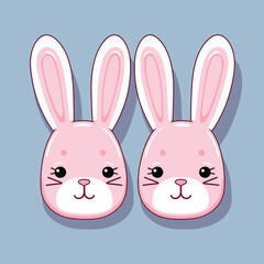 Cute bunnies faces. Easter white bunny. Cartoon vector illustration