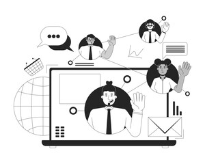 Remote digital marketing team black and white 2D illustration concept. Social media specialists working together outline characters isolated. Retail business promotion metaphor monochrome vector art